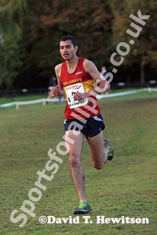 Nick Goolab (Belgrave Harriers) leads on the 1st leg of the senior mens National Cross Country Relays, Berry Hill Park, Mansfield. Photo: David T. Hewitson/Sports for All Pics